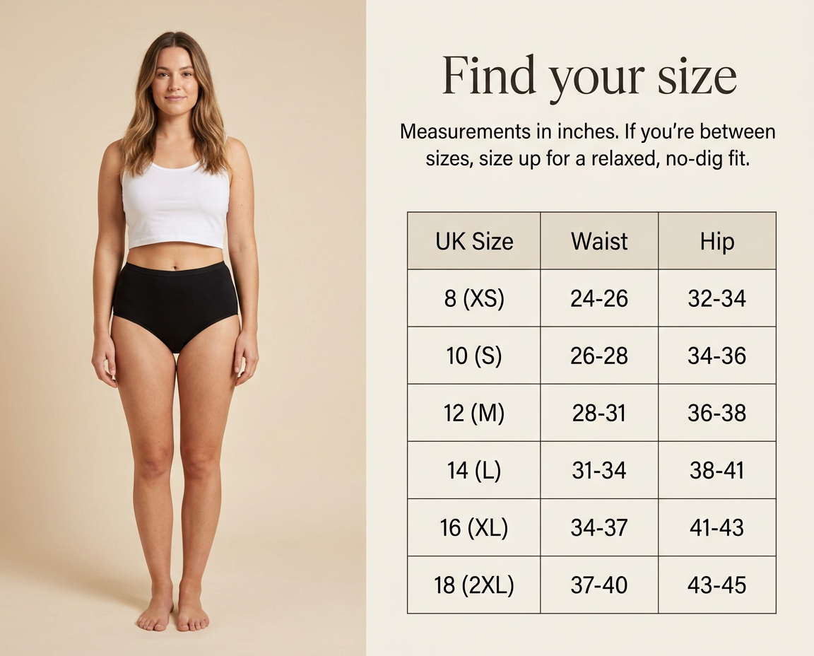 Find your size — UK size chart with waist and hip measurements in inches